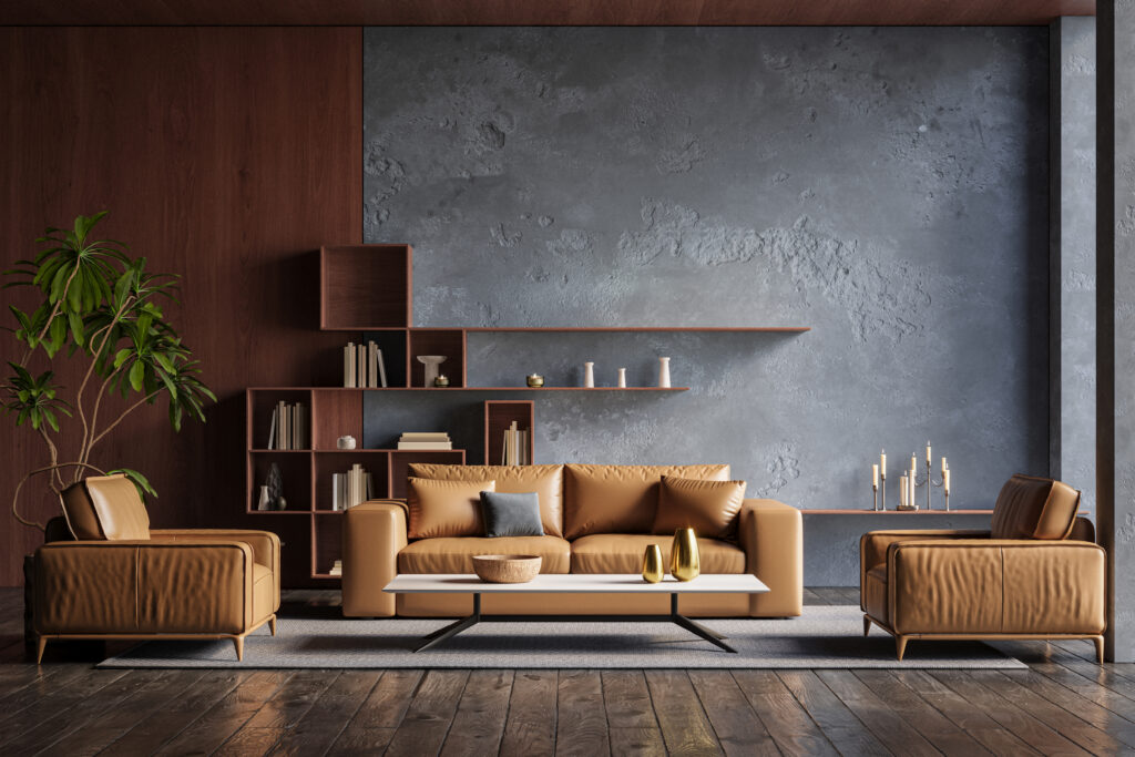Interior design of modern apartment with dark blue walls. Interior mockup